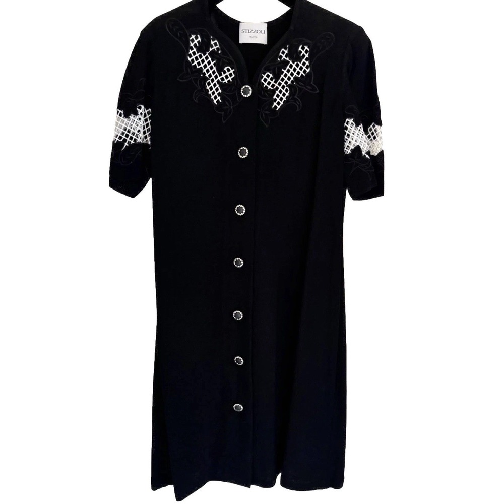 Stizzoli Black Dress Rhinestone Button Italy IT 46 Lattice Vintage